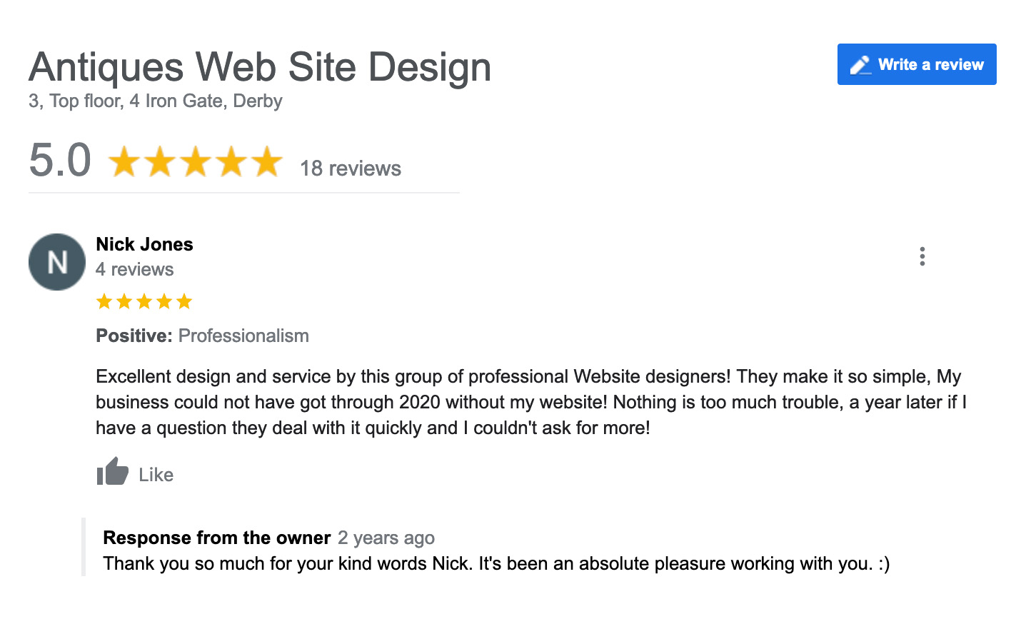 Google reviews for Antiques Web Design