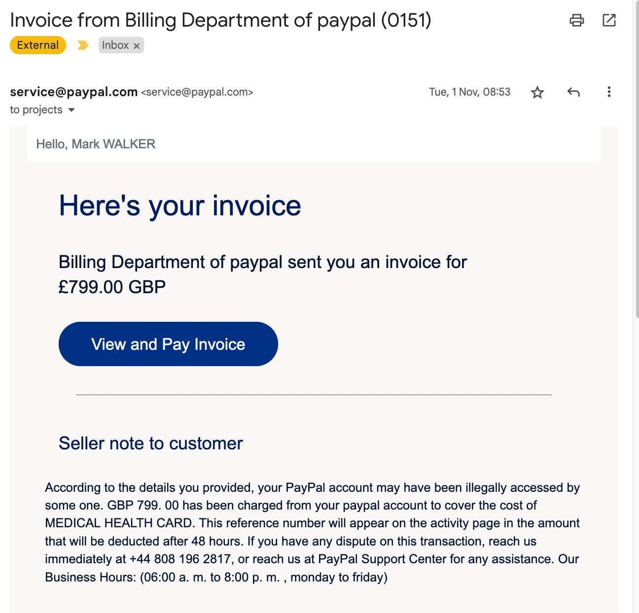 PayPal scam screenshot